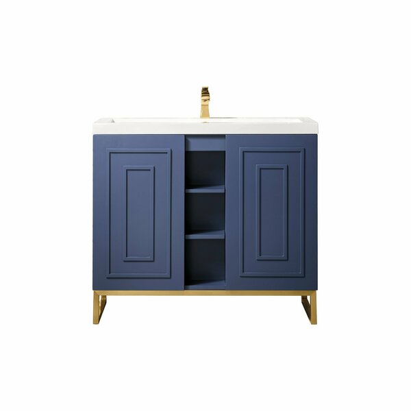 James Martin Vanities Alicante 39.5in Single Vanity, Azure Blue, Radiant Gold w/ White Glossy Composite Stone Top E110V39.5AZBRGDWG